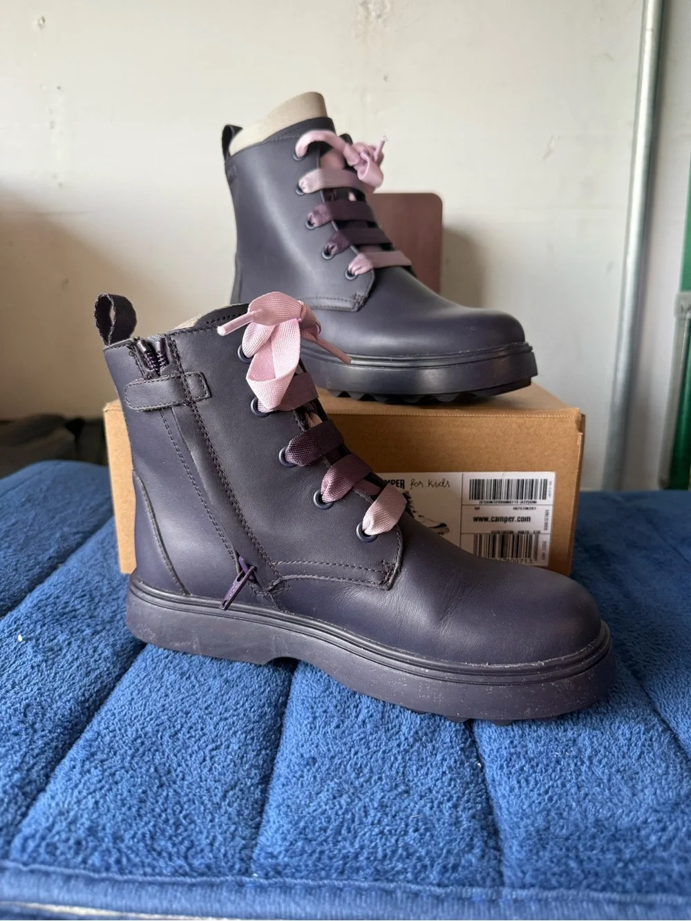 Camper Girl's Norte K900150 Ankle Boot Lace Up Black/Purple Leather Shoes Sz 1
